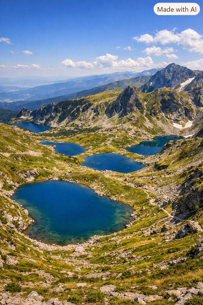 The Seven Rila Lakes surrounded by mountain peaks in Bulgaria