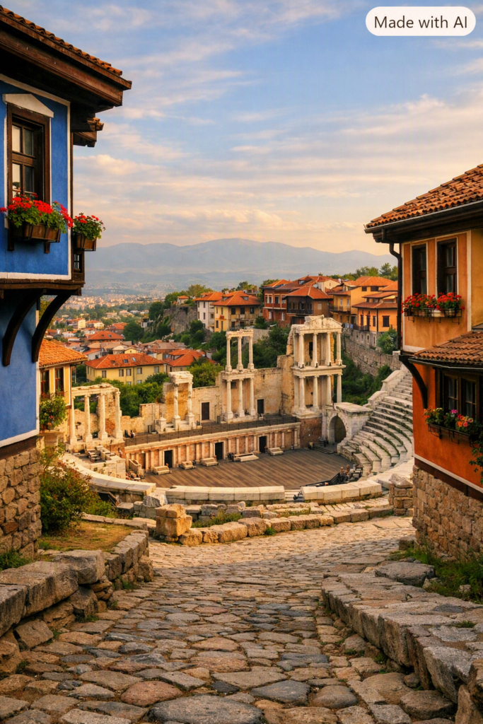 A cobblestone street in Plovdiv’s Old Town lined with colorful Revival‑era houses, wooden balconies, and flower boxes, leading toward the Roman Theatre under warm afternoon light.